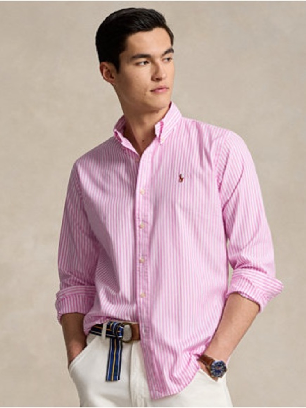 Ralph Lauren Mens Small Pink Striped Long Sleeve Button Down Shirt Classic fit